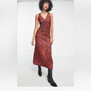 ASOS Midi Maxi Red Snake Print Dress Ruched front